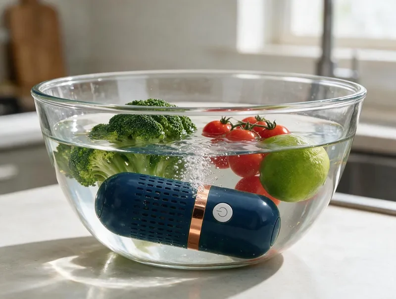 FreshShield shown operating in tap water with broccoli, tomatoes, and lime