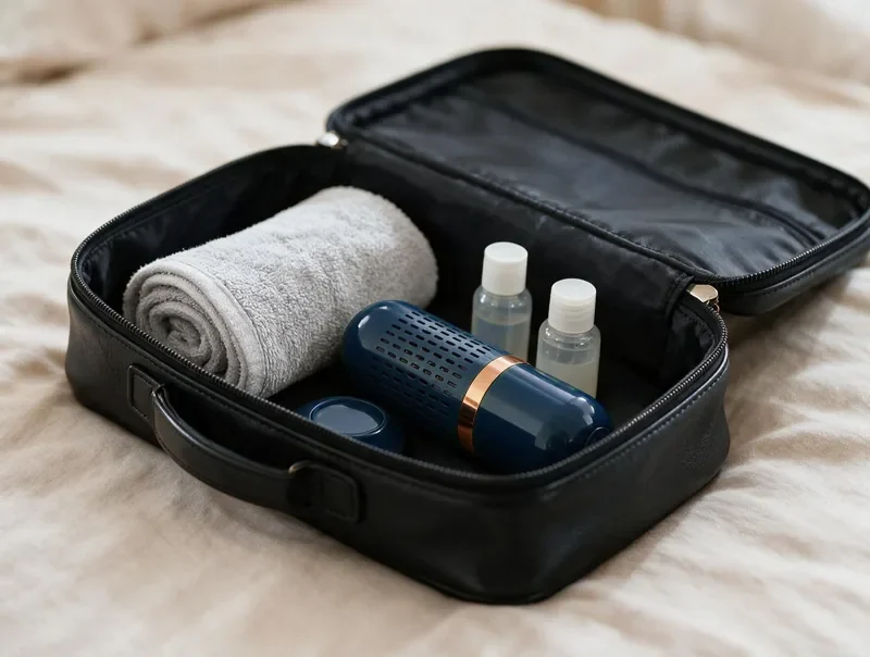 Compact Tivano FreshShield device packed in a travel case with personal items